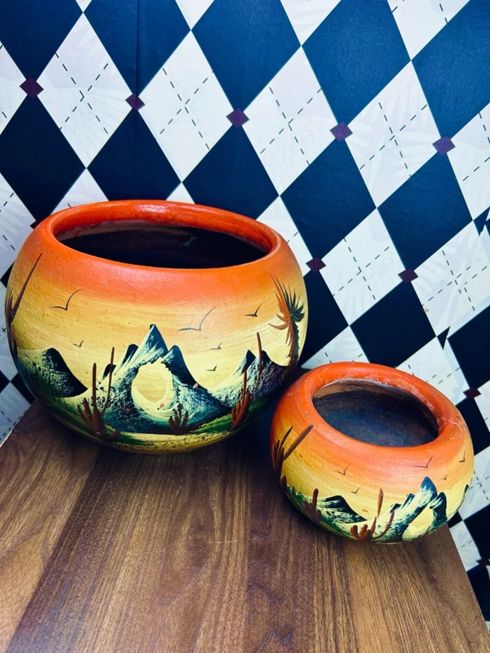 1970s Mexican Desert Landscape Planters Hand Painted Clay Pottery Southwestern - Picture 11 of 12